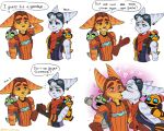  5:4 anthro blue_body blue_eyes blue_fur blush clank_(ratchet_and_clank) comic dialogue eyewear female fur gesture goggles green_eyes group insomniac_games kissing kit_(ratchet_and_clank) lombax looking_at_another machine male mammal naiacreations orange_body orange_fur pink_nose prosthetic prosthetic_arm prosthetic_limb ratchet ratchet_and_clank rivet_(ratchet_and_clank) robot romantic romantic_couple scarf smile sony_corporation sony_interactive_entertainment speech_bubble stripes thumbs_up video_games yellow_body yellow_fur 