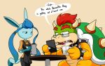  2018 anthro apron beverage blue_body blue_fur blue_hair bowser bracelet clothing coffee collar dialogue digital_media_(artwork) duo eeveelution english_text eyewear female fingers fur galia_(sandwich-anomaly) glaceon glasses green_body green_scales hair horn jewelry koopa male mario_bros multicolored_body multicolored_scales nintendo pok&eacute;mon pok&eacute;mon_(species) red_hair reptile sandwich-anomaly scales scalie sharp_teeth shell simple_background simple_eyes sitting spiked_bracelet spiked_collar spikes standing tablet tan_background tan_body tan_scales teal_eyes teeth text tongue video_games work_uniform yellow_body yellow_scales 