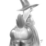  1:1 2016 5_fingers anthro avian beak big_butt bird blush bottomwear breasts bubble_butt butt clothed clothing feathers female fingers ginette_cerise_(girokett) girokett greyscale hair hat headgear headwear legwear long_hair looking_at_viewer looking_back looking_back_at_viewer monochrome non-mammal_breasts open_mouth owl presenting presenting_hindquarters raised_bottomwear raised_clothing raised_skirt rear_view signature simple_background skirt solo standing tail_feathers teasing thigh_highs white_background witch_hat 