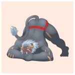  1:1 absurd_res anthro ass_up blush border butt clothing dhioraito0 embarrassed hi_res horn jack-o&#039;_pose jockstrap jockstrap_only krampus_(housamo) lifewonders male monster muscular muscular_anthro muscular_male pose solo tokyo_afterschool_summoners tusks underwear video_games white_border 