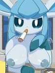  3:4 anthro areola ashtray beverage big_breasts blue_body blue_eyes breasts cigarette cigarette_in_mouth digital_media_(artwork) eeveelution female glaceon glass glass_cup hi_res looking_at_viewer nintendo nipples nude orange_juice pok&eacute;mon pok&eacute;mon_(species) sateco smoke smoking smoking_tobacco solo video_games 