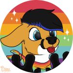  anthro blep blue_eyes boldbeaux canid canine clothing fox hi_res lgbt_pride male mammal pride_color_background pride_color_bandanna pride_color_clothing pride_color_kerchief pride_color_neckerchief pride_colors rainbow_flag rainbow_pride_flag rainbow_symbol simple_background six-stripe_rainbow_pride_colors solo tongue tongue_out trebthefox_(character) 