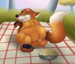  2016 anthro black_nose blue_eyes butt canid canine concupisco dessert detailed_background disney food fox fur gideon_grey humanoid_hands lying male mammal orange_body orange_fur outside picnic pie slightly_chubby slylemur solo zootopia 