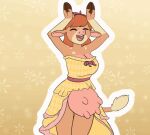  animated anthro bovid bovine breasts caramelldansen cattle changeling_tale clothing dress eyes_closed female fingers hair hooved_fingers hooves horn mammal marion_(changeling_tale) meme moomaid open_mouth short_playtime simple_background smile solo teats udders yellow_clothing yellow_dress 
