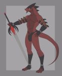  2021 anthro barely_visible_genitalia barely_visible_penis black_body black_scales bulge clothed clothing digital_media_(artwork) fingerless_gloves furdo genitals gloves grey_background grin handwear hi_res holding_object holding_sword holding_weapon idrysse3 male melee_weapon muscular muscular_anthro muscular_male penis plantigrade red_body red_scales reptile scales scalie simple_background skimpy smile solo standing strap_around_arm straps sword thong underwear weapon 