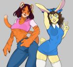  2021 anthro blue_bottomwear blue_clothing blue_dress blue_eyes blue_pants bottomwear breasts brown_hair buckteeth bunny_(l&#039;trimm) cars_with_the_boom claws clothing crop_top dress duo felid female fur gesture grey_background hair hand_behind_head hi_res humanoid_hands lagomorph leporid long_ears looking_at_viewer mammal midriff open_mouth open_smile orange_body orange_fur pantherine pants pink_clothing pink_shirt pink_topwear porqueloin rabbit scut_tail shirt simple_background smile teeth tiger tigra_(l&#039;trimm) topwear under_boob v_sign white_body 