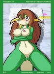 absurd_res anthro bed blush bodily_fluids breasts brown_hair crossed_arms digital_media_(artwork) female furniture genital_fluids genitals hair hi_res long_hair lunaris_parukia lying lying_on_bed nintendo nipples nude on_back on_bed pok&eacute;mon pok&eacute;mon_(species) pok&eacute;morph pussy pussy_juice smile snivy solo text url video_games 