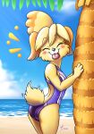  2021 animal_crossing anthro atticuskotch beach butt butt_pose canid canine canis clothed clothing digital_media_(artwork) domestic_dog eyebrows eyelashes female fingers hi_res isabelle_(animal_crossing) mammal nintendo one-piece_swimsuit open-back_swimsuit outside pose seaside shih_tzu smile solo sport_swimsuit swimwear tongue tongue_out toy_dog video_games water 