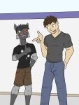  3:4 anthro anthrofied bottomwear clothed clothing duo fully_clothed fuze gesture hi_res human male mammal nintendo pants pawl_(fuze) pointing pointing_at_another pok&eacute;mon pok&eacute;mon_(species) pok&eacute;morph poochyena shirt shorts stubble t-shirt thumbs_up topwear video_games 