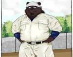  2021 anthro belly black_body black_fur black_nose bottomwear clothing fur hi_res humanoid_hands kemono male mammal outside overweight overweight_male pants shirt solo topwear ursid yanununununu 