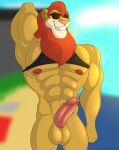  abs anthro balls beach biceps big_muscles clothed clothing d.a.r.e. daren erection eyewear facial_hair felid genitals grin hi_res huge_muscles klr-rio lion male mammal muscular muscular_anthro muscular_male nipples pantherine pecs penis seaside shirt smile solo sunglasses topwear 