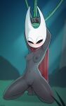  2021 arms_tied bedroom_eyes black_body black_eyes blush bodily_fluids bound breasts cape cape_only clothing empty_eyes fecharis female front_view full-length_portrait genital_fluids genitals hi_res hollow_knight hornet_(hollow_knight) humanoid kneeling kobradraws mostly_nude narrowed_eyes nipples portrait pussy pussy_juice seductive solo team_cherry video_games vines 