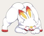  ambiguous_gender anthro ass_up blush butt curvy_figure happy jack-o&#039;_pose lagomorph mammal nintendo pok&eacute;mon pok&eacute;mon_(species) pose pururing scorbunny simple_background solo thick_thighs video_games 