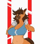  2021 5_fingers animated anthro blue_eyes bouncing_breasts bra breasts brolaren brown_hair clothed clothing digital_media_(artwork) equid equine eyebrows eyelashes female fingers hair horse mammal nipple_outline short_playtime smile solo sports_bra underwear 