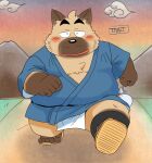 2021 anthro asian_clothing black_nose blush brown_body canid canine canis clothed clothing domestic_dog east_asian_clothing eyes_closed fundoshi humanoid_hands japanese_clothing male mammal outside overweight overweight_male solo toshi_(artist) underwear white_clothing white_fundoshi white_underwear 