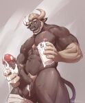  2021 abs anthro areola baiyushou balls beard biped bodily_fluids bovid bovine brown_balls brown_body brown_eyes brown_fur cattle cum cum_drip cum_in_a_cup cum_on_balls cum_on_hand cum_on_penis cup dated dripping facial_hair facial_piercing fur genital_fluids genitals gloves_(marking) hair hi_res holding_cup holding_object holding_penis horn humanoid_genitalia humanoid_penis leg_scar male mammal markings muscular muscular_anthro muscular_male nipples nose_piercing nose_ring nude open_mouth pecs penis piercing pubes scar simple_background solo teeth 