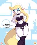  2019 alternate_costume angry animaniacs annoyed annoyed_expression anthro big_breasts biped black_choker black_clothing black_jewelry black_necklace black_panties black_thigh_highs black_underwear blonde_hair blue_eyeshadow bottomwear breasts choker cleavage clothed clothing dialogue english_text eyelashes eyeshadow female frilly frilly_clothing fur furboz hair hand_on_hip hashtag headgear headwear inside jewelry legwear long_eyelashes long_hair maid_uniform makeup mammal minerva_mink miniskirt mink mustelid musteline necklace panties panty_shot pink_clothing pink_nose portrait skirt solo standing stockings text thigh_highs three-quarter_portrait true_musteline underwear uniform warner_brothers white_body white_clothing white_fur white_headwear wide_hips yellow_tail 