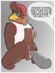  3:4 ? absurd_res accipitrid accipitriform anthro avian balls baseball_cap beak bird bodily_fluids brown_balls brown_body brown_fur brown_hair brown_tail butt clothing clutch_(trge) colored crouching cum dannysorrow dialogue disembodied_penis duo eagle english_text fur genital_fluids genitals glistening glistening_body gradient_background green_eyes grey_background grey_penis hair hair_curl hat headgear headwear hi_res looking_at_viewer looking_back looking_back_at_viewer male male/male mostly_nude muscular nippon_professional_baseball penis precum presenting presenting_hindquarters raised_tail red_clothing red_hat red_headwear shirt simple_background smile smiling_at_viewer solo_focus speech_bubble standing tank_top text tohoku_rakuten_golden_eagles topwear white_clothing white_shirt white_topwear yellow_beak 