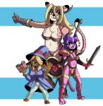  404metaknight absurd_res amazon armor bikini_armor canid canine canis clothing digital_media_(artwork) domestic_cat domestic_dog ello_(anaugi) felid feline felis female group hat headgear headwear hi_res magic_user mammal melee_weapon pantherine penny_(anaugi) smug sword tiger tracy_(anaugi) trio unconvincing_armor warrior weapon 