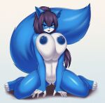  4_toes 5_fingers anthro areola big_breasts big_tail black_hair blue_body blue_eyes blue_fur blue_nipples breasts canid canine claws eyebrow_through_hair eyebrows feet female fingerless_(marking) fingers fox fur genitals hair hi_res huge_breasts kneeling long_hair looking_at_viewer mammal multicolored_body multicolored_fur nipples nude on_ground paws ponytail pussy simple_background solo tailzkim toe_claws toeless_(marking) toes translucent translucent_hair two_tone_body two_tone_fur white_background 