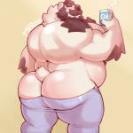  1:1 anthro beard big_butt bottomwear brown_hair butt clothed clothing facial_hair fur hair hi_res male mammal merong mustache overweight overweight_anthro overweight_male pants polar_bear simple_background solo topless ursid ursine white_body white_fur yellow_background 