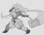  absurd_res big_butt breasts butt clothing female genitals hi_res humanoid league_of_legends milkdeliveryguy monochrome not_furry not_furry_focus poppy_(lol) pussy riot_games short_stack side_boob solo torn_clothing video_games weapon wide_hips yordle 