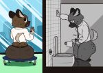  aggressive_retsuko ailurid anthro aroused at_work balls bathroom belt bench big_butt bodily_fluids bottomless bottomless_male bottomwear brown_body brown_bottomwear brown_clothing brown_fur brown_pants building business_attire butt cellphone clothed clothing colored erection footwear fur furniture genitals glass haida hand_on_wall hi_res holding_object holding_phone huge_butt humanoid_genitalia humanoid_penis hyaenid inner_ear_fluff light_tail looking_at_viewer looking_back looking_up male mammal masturbation muttering necktie on_furniture open_mouth panties pants pants_down panty_shot partially_clothed penile penile_masturbation penis phone photo pockets public public_masturbation public_restroom raised_tail red_panda restroom_stall retsuko round_ears sanrio shirt shoes simple_background sitting sitting_on_bench smartphone snout solo spots spotted_butt spotted_hyena standing sweat text thick_thighs toilet toilet_bowl toilet_paper topwear tuft unaware undersized_clothing underwear unprofessional_behavior wardrobe_malfunction zlut385 