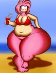  absurd_res amy_rose anthro beach beverage bikini breasts clothing eulipotyphlan female hedgehog hi_res mammal seaside sega smotrilla solo sonic_the_hedgehog_(series) swimwear thick_thighs 