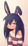  :3 animal_humanoid artist_name black_hair bra_strap brown_eyes clothed clothing compression_artifacts cowlick eyebrow_through_hair eyebrows eyelashes female floppy_ears hair hair_over_eye half-length_portrait hoodie_(artist) humanoid inner_ear_fluff lagomorph lagomorph_humanoid leporid_humanoid long_hair looking_at_viewer lyn_mametchi mammal mammal_humanoid off_shoulder one_eye_obstructed portrait rabbit_humanoid shirt simple_background smile solo tan_background tan_body tan_skin text topwear translucent translucent_hair tuft url 