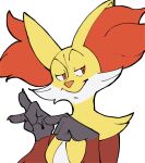  2021 ambiguous_gender canid canine claws delphox fox fur gesture inner_ear_fluff looking_aside mammal nintendo orange_eyes pok&eacute;mon pok&eacute;mon_(species) red_body red_fur simple_background smile suggestive suggestive_gesture tuft unknown_artist upper_body video_games white_background white_body white_fur yellow_body yellow_fur 