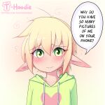  1:1 ambiguous_gender artist_name blonde_hair blush bodily_fluids bust_portrait clothing concerned cowlick dialogue elf emanata english_text eyebrow_through_hair eyebrows eyelashes green_eyes hair hoodie hoodie_(artist) humanoid humanoid_pointy_ears long_hair looking_at_viewer male_(lore) max_(hoodie) not_furry ponytail portrait simple_background solo speech_bubble spiral sweat sweatdrop text topwear translucent translucent_hair url white_body white_skin yellow_background 
