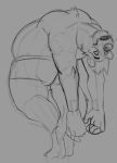  2021 anthro belly biped butt canid canine horrorbuns humanoid_hands male mammal monochrome overweight overweight_male raccoon_dog simple_background sketch solo tanuki 