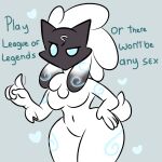  &lt;3 1:1 anthro bovid breasts caprine chest_tuft dialogue english_text female hand_on_hip hi_res kindred_(lol) lamb_(lol) league_of_legends looking_at_viewer lot_par mammal mask navel riot_games sheep simple_background solo talking_to_viewer text thick_thighs tuft video_games wide_hips 