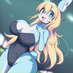  1:1 anthro big_breasts blonde_hair blue_body blue_eyes blue_fur blush breasts bunny_costume chatora_(pixiv) cleavage clothed clothing costume female fur hair huge_breasts lagomorph leporid long_ears mammal multicolored_body multicolored_fur open_mouth open_smile rabbit scut_tail smile solo thick_thighs two_tone_body two_tone_fur wide_hips 