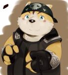  2014 anthro belly biped black_nose blush brown_body brown_fur canid canine canis domestic_dog fur hinami kemono male mammal simple_background slightly_chubby solo 