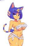  2021 :&lt; animal_crossing ankha_(animal_crossing) anthro bandage bebatch big_breasts blue_eyes blue_hair breast_grab breasts cleavage clothed clothing domestic_cat eyebrow_through_hair eyebrows eyeshadow felid feline felis female fur hair hand_on_breast hi_res holding_breast looking_at_viewer makeup mammal navel nintendo portrait short_hair simple_background solo striped_tail stripes three-quarter_portrait translucent translucent_hair uraeus video_games white_background wide_hips yellow_body yellow_fur 