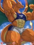  abs absurd_res anthro biceps blue_eyes bodily_fluids bottomwear charizard claws clothed clothing cloud day detailed_background dragon fire flaming_tail flexing hi_res male masterelrest muscular muscular_anthro muscular_male nintendo nipples pecs pink_nipples pok&eacute;mon pok&eacute;mon_(species) shirt shorts solo spread_wings sweat tank_top text thick_thighs topwear vein veiny_muscles video_games wings 