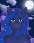  anthro blue_body blue_eyes blue_fur blue_hair cleo_bastet digital_media_(artwork) equid equine ethereal_hair eyebrows eyelashes female friendship_is_magic front_view full_moon fur hair hasbro horn looking_at_viewer mammal moon my_little_pony night nude outside princess_luna_(mlp) solo unicorn unicorn_horn 