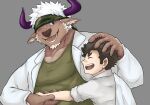  accessory anthro bandaid_protagonist_(tas) bbrt534 bovid bovine cattle clothing coat duo eyes_closed hand_holding headband holding_partner horn human human_on_anthro interspecies lab_coat larger_anthro male male/male mammal muscular muscular_anthro muscular_male pecs protagonist_(tas) shennong shirt size_difference smaller_human smile tank_top tokyo_afterschool_summoners topwear video_games 