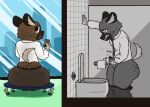  aggressive_retsuko ailurid angry anthro aroused at_work balls bathroom belt bench big_butt bodily_fluids bottomless bottomless_male bottomwear brown_body brown_bottomwear brown_clothing brown_fur brown_pants building business_attire butt cellphone clothed clothing colored cum cum_on_toilet ejaculation erection footwear fur furniture genital_fluids genitals glass haida hand_on_wall hi_res holding_object holding_phone huge_butt humanoid_genitalia humanoid_penis hyaenid inner_ear_fluff light_tail looking_at_viewer looking_back looking_up male mammal masturbation muttering necktie on_furniture open_mouth panties pants pants_down panty_shot partially_clothed penile penile_masturbation penis phone photo pockets public public_masturbation public_restroom raised_tail red_panda restroom_stall retsuko round_ears sanrio scrunched_nose shaded shirt shoes simple_background sitting sitting_on_bench smartphone snout solo spots spotted_butt spotted_hyena standing sweat text thick_thighs toilet toilet_bowl toilet_paper topwear tuft unaware undersized_clothing underwear unprofessional_behavior wardrobe_malfunction zlut385 