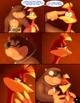  2021 absurd_res anthro avian banjo-kazooie banjo_(banjo-kazooie) belt bird black_nose blue_eyes bottomwear breegull brown_body brown_fur clothed clothing comic cuddling dialogue digital_media_(artwork) duo english_text eyelashes eyes_closed feathers female firelight fur giggle green_eyes hand_on_shoulder head_tuft hi_res jewelry kazooie looking_at_another male male/female mammal necklace number one_eye_closed page_number pants rareware red_body red_feathers sitting skeletonguys-and-ragdolls speech_bubble text topless topless_male tuft ursid video_games yellow_body yellow_bottomwear yellow_clothing yellow_feathers yellow_pants 
