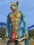  2021 3:4 absurd_res animal_genitalia animal_penis anthro balls big_balls big_penis blonde_hair blue_body blue_fur canid canine canine_penis clothed clothing digital_media_(artwork) erection fur genitals green_body green_fur hair hi_res knot looking_at_viewer male mammal multicolored_body multicolored_fur pants_down partially_clothed penis purple_eyes red_penis solo text url virtyalfobo yellow_body yellow_fur 