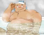  2021 anthro bathing belly blue_hair blush brown_body doku8yume8denpa gouryou hair humanoid_hands kemono male mammal moobs navel nipples overweight overweight_male sitting solo suid suina sus_(pig) tokyo_afterschool_summoners video_games water wild_boar 