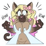  1:1 anthro big_breasts blonde_hair breast_grab breast_play breast_squish breasts domestic_cat felid feline felis female grope hair hand_on_breast hi_res mammal peach_(bombassmommy) selacisky siamese squish surprised_expression 