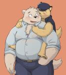  2021 anthro belly black_nose blush bottomwear canid canine canis clothing domestic_dog duo eyes_closed hi_res humanoid_hands kemono male mammal morningbread16 overweight overweight_male pants shirt topwear 