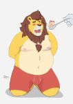  2021 absurd_res anthro belly blush bottomwear bulge cake clothing dessert duo eyes_closed felid food hi_res lion male mammal moobs nipples overweight overweight_male pantherine sato_afroleone shorts simple_background solo_focus 