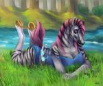  2021 6:5 absurd_res anthro biped breasts detailed_background equid equine eyewear female fur glasses grass hi_res holding_eyewear holding_glasses holding_object hooves lora_mclaren mammal outside plant smile solo striped_body striped_fur stripes tree water zebra 
