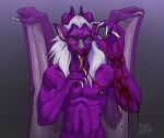  anthro beak blood bodily_fluids claws cut_(disambiguation) gargoyle gore hair hi_res horn knife kolkolukija male nipple_piercing nipples piercing pink_body solo white_hair wings wounded 