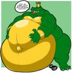  2021 3_toes 4_fingers anthro bedroom_eyes belly belly_squish biceps big_belly biped bracelet c-trigger claws colored crocodile crocodilian crocodylid crown dated dialogue digital_media_(artwork) donkey_kong_(series) english_text eyebrows fangs feet finger_claws fingers green_body green_scales hand_on_stomach hi_res holding_belly huge_thighs hyper hyper_belly jewelry king king_k._rool kremling looking_at_viewer male morbidly_obese morbidly_obese_anthro morbidly_obese_male motion_lines musclegut muscular muscular_anthro muscular_male narrowed_eyes navel nintendo nude obese obese_anthro obese_male open_mouth outie_navel overweight overweight_anthro overweight_male pecs pink_tongue plantigrade raised_eyebrows red_eyes reptile royalty scales scalie seductive shaded signature simple_background smile smiling_at_viewer snout solo speech_bubble squish standing talking_to_viewer teasing text thick_thighs toe_claws toes tongue tongue_out video_games white_background white_claws 