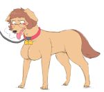  2021 blush breasts breath brown_body brown_hair busty_feral canid canine canis collar collar_only domestic_dog eyewear female feral glasses hair implied_transformation leash looking_down mammal simple_background solo subakitsu surprise white_background 